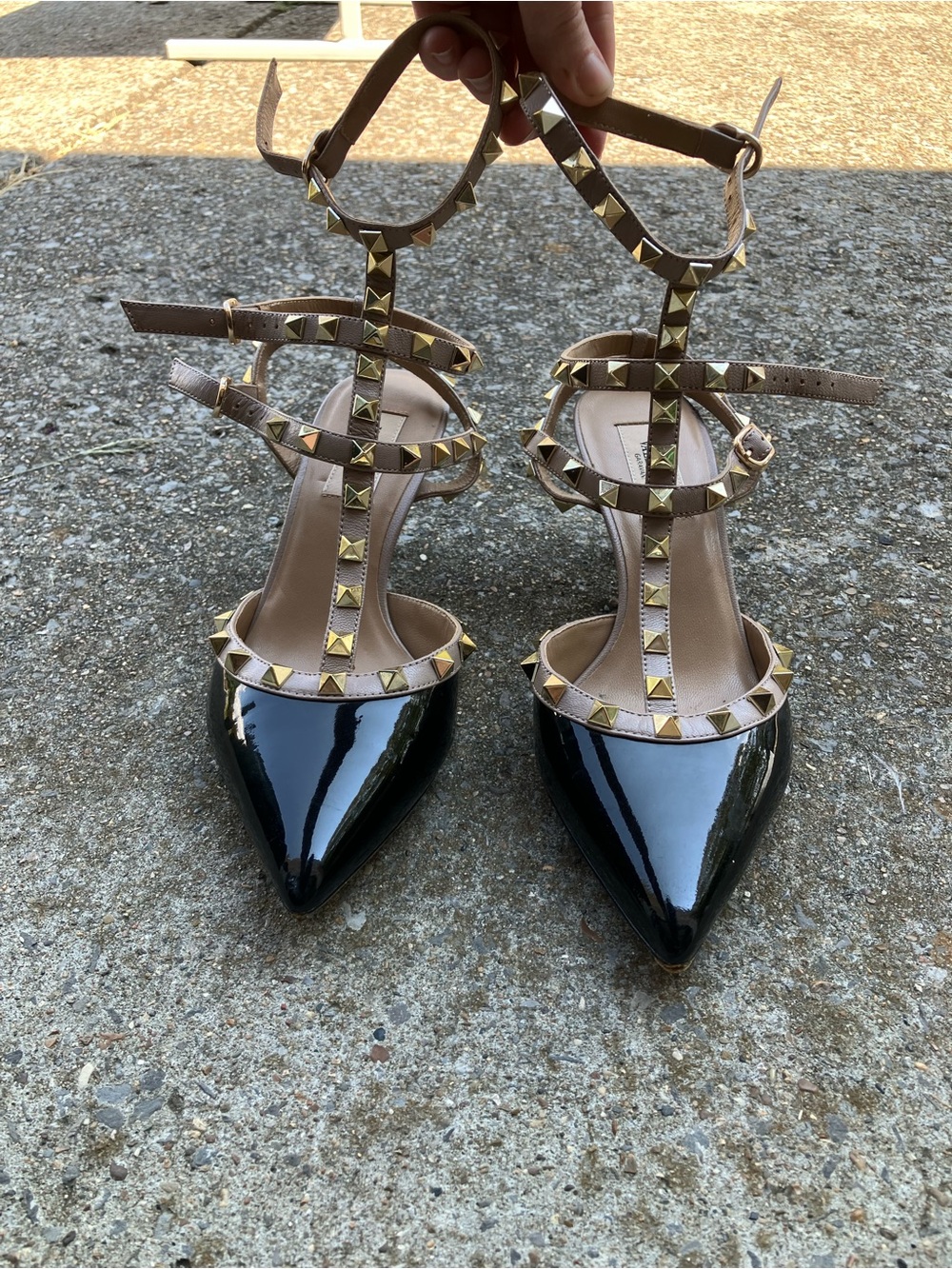 Valentino Studded T-Strap Pointed Toe Pumps in Black and Tan